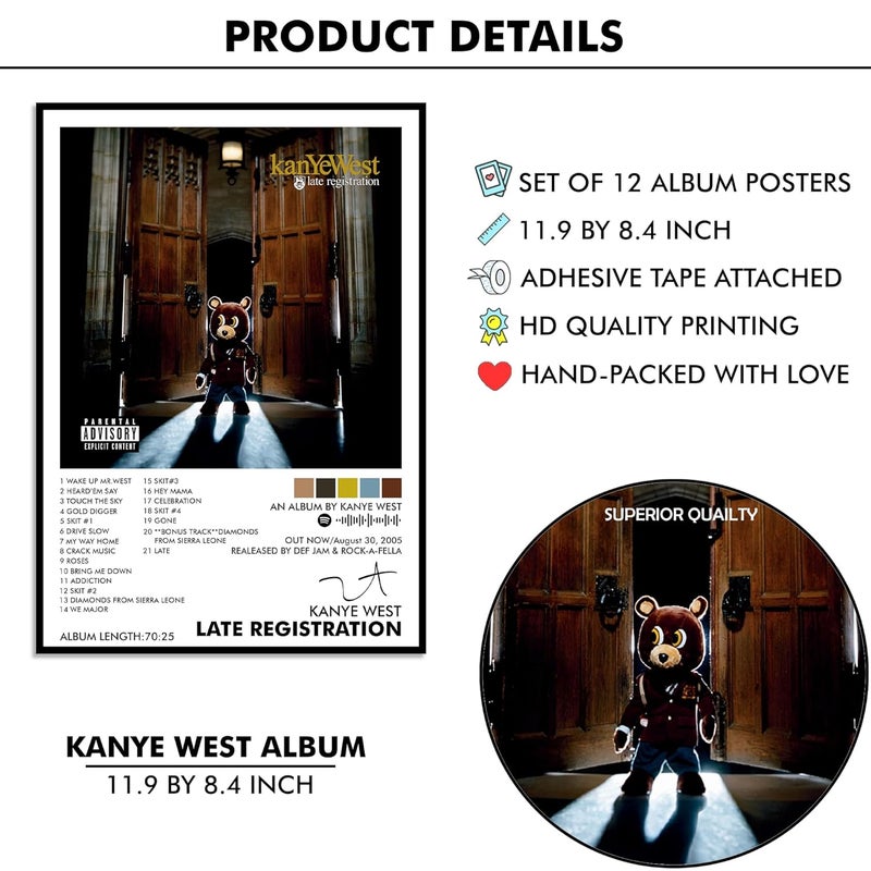 Thepaper9store Pack of 12 - Kanye West Music Album Art Wall Posters 8.2x11.8 inch Adhesive Tape Attached Wall Decor, Music Poster, Wall Art For Bedroom, Living room, Office (Kanye West) - Image 4
