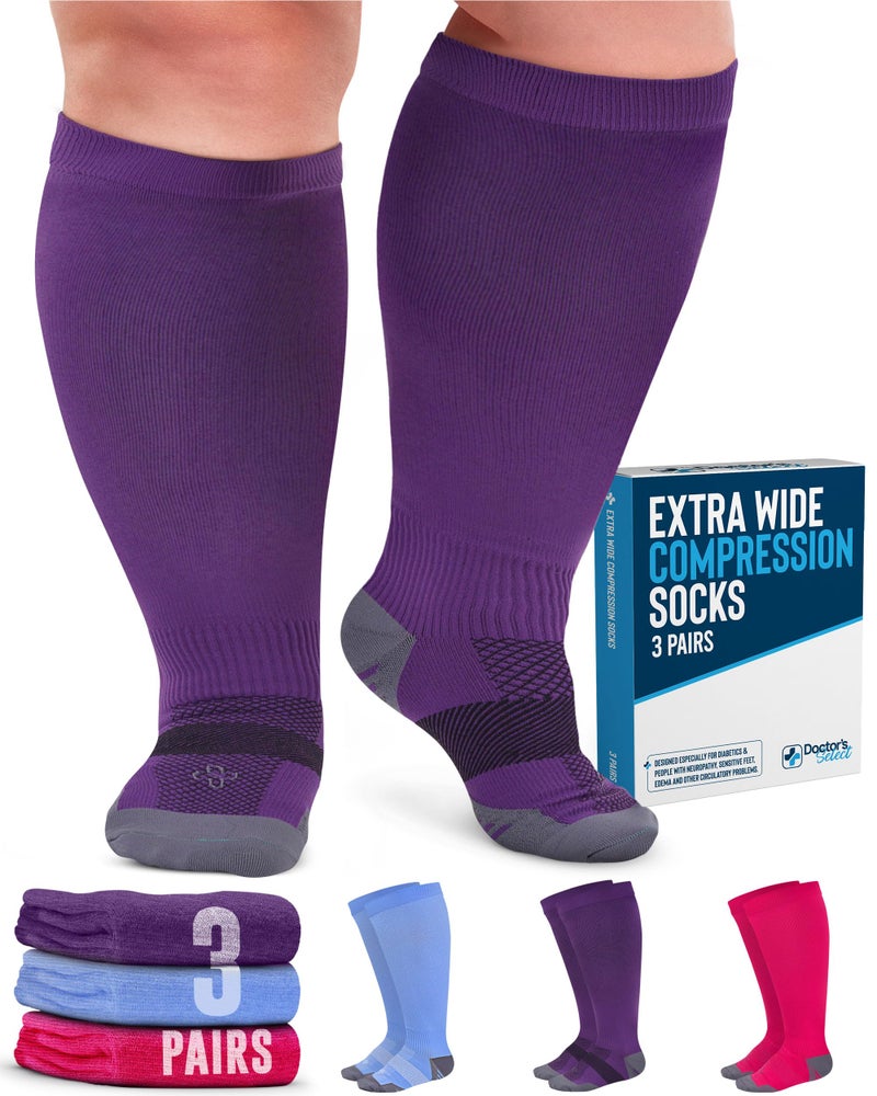 Doctor's Select 3 Pairs Plus Size Compression Socks Wide Calf - Up to 6XL | 20-30 mmHg Compression Socks for Women Wide Calf | Pink, Purple, Blue - Image 1