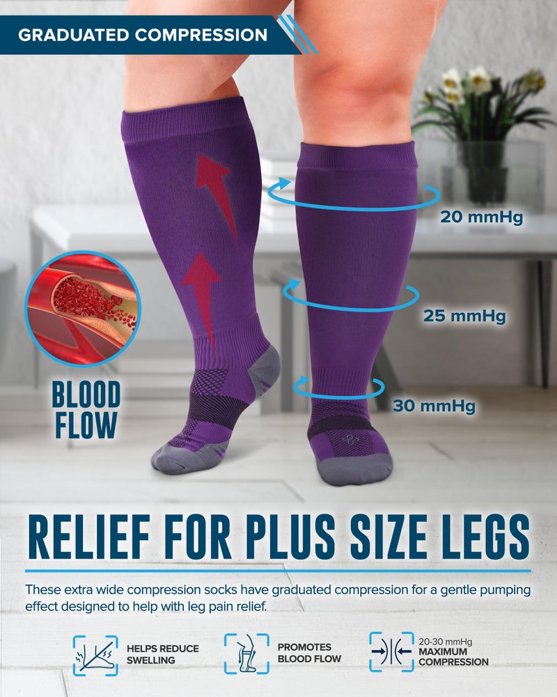 Doctor's Select 3 Pairs Plus Size Compression Socks Wide Calf - Up to 6XL | 20-30 mmHg Compression Socks for Women Wide Calf | Pink, Purple, Blue - Image 2