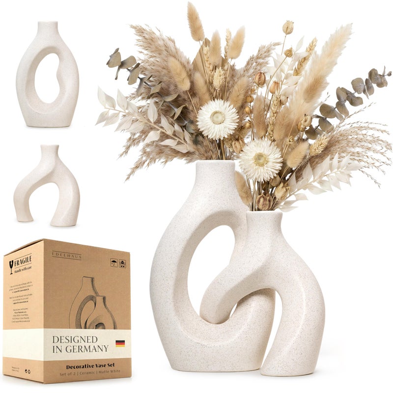 EDELHAUS White Ceramic Vase Set of 2, Hollow Oval Flower Vases for Decor, Handmade Nordic Minimalist Ceramic Vase for Pampas Grass, Living Room, Farmhouse & Boho Home Decor, Housewarming Gifts - Image 1