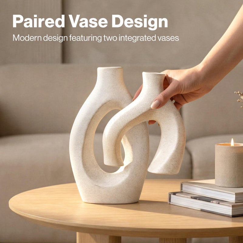 EDELHAUS White Ceramic Vase Set of 2, Hollow Oval Flower Vases for Decor, Handmade Nordic Minimalist Ceramic Vase for Pampas Grass, Living Room, Farmhouse & Boho Home Decor, Housewarming Gifts - Image 4