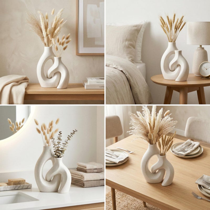 EDELHAUS White Ceramic Vase Set of 2, Hollow Oval Flower Vases for Decor, Handmade Nordic Minimalist Ceramic Vase for Pampas Grass, Living Room, Farmhouse & Boho Home Decor, Housewarming Gifts - Image 5
