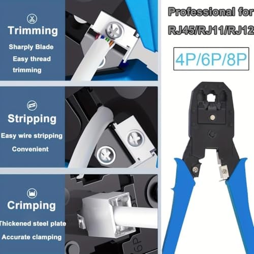 XIKKART 3-in-1 RJ45 Crimping Tool Kit – Wire Stripper, Cutter & Crimper for RJ45, RJ11, RJ12, Cat5e/Cat6 LAN Cable with 5 Connectors & 5 Boot Covers – Blue - Image 3