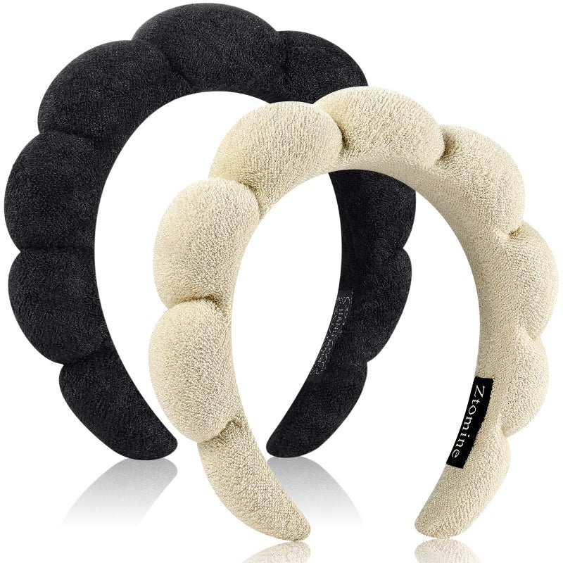 Ztomine Skincare Headband, Set of 2 - Terry Cloth Face Wash Headband Combo Pack - Puffy Makeup Headbands for Face Washing, Mask (beige + black) - Image 1