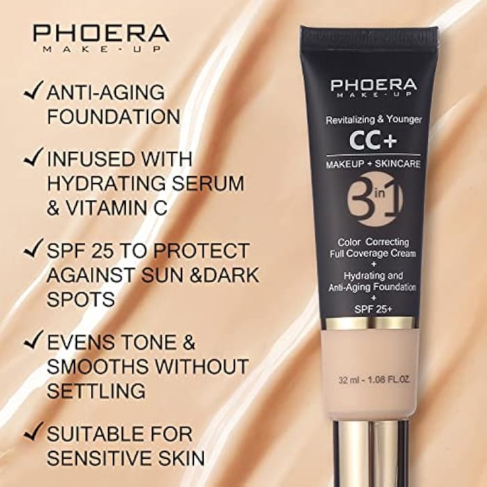 Hilareco PHOERA CC+ Cream,Full Coverage Foundation，Color Correcting Cream,Anti Aging Hydrating Serum & SPF 25+ Sunscreen - Natural Finish - 1.08 fl oz (160 Sand) - Image 5