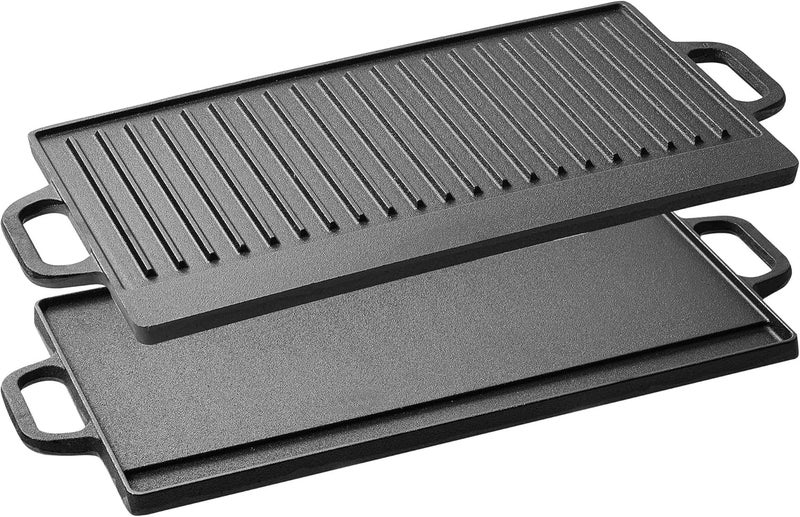 Cast Iron Reversible Griddle, 2-in-1 Cast Iron Griddle with Handles, Rectangular Grill Pan Preseasoned & Non-Stick for Gas Stovetop, Oven and Open Fire, 20” x 9” - Image 1