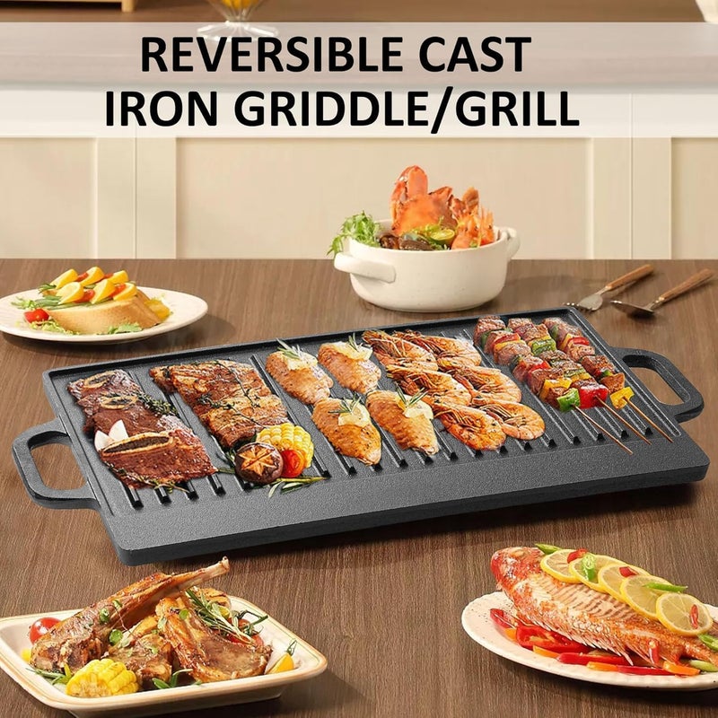 Cast Iron Reversible Griddle, 2-in-1 Cast Iron Griddle with Handles, Rectangular Grill Pan Preseasoned & Non-Stick for Gas Stovetop, Oven and Open Fire, 20” x 9” - Image 2