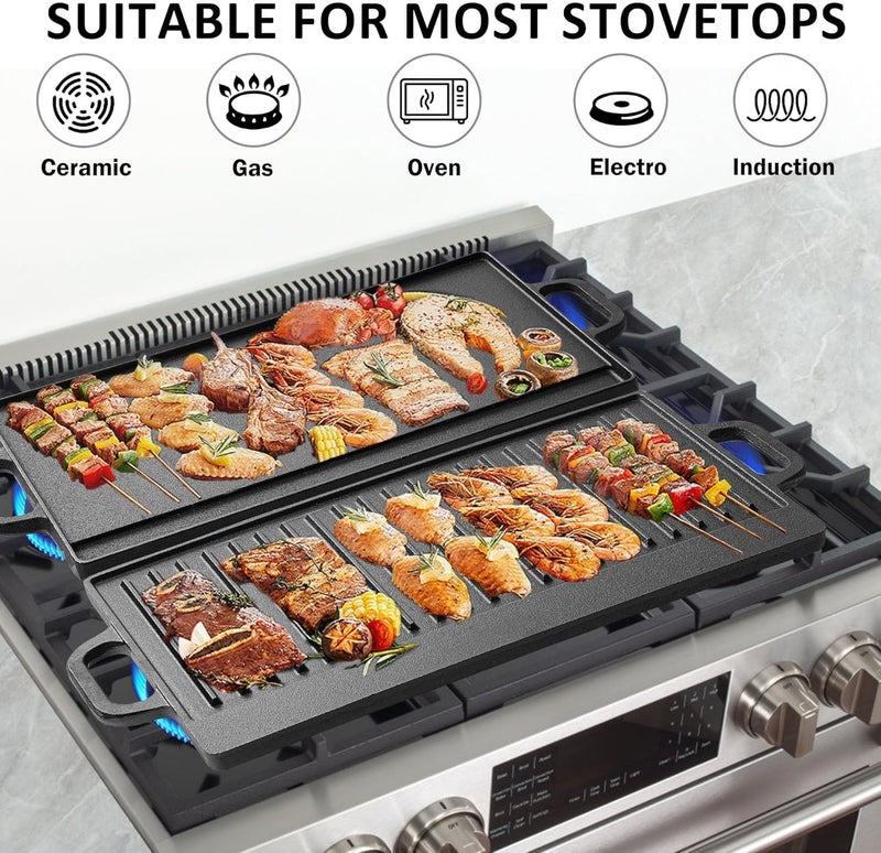 Cast Iron Reversible Griddle, 2-in-1 Cast Iron Griddle with Handles, Rectangular Grill Pan Preseasoned & Non-Stick for Gas Stovetop, Oven and Open Fire, 20” x 9” - Image 3