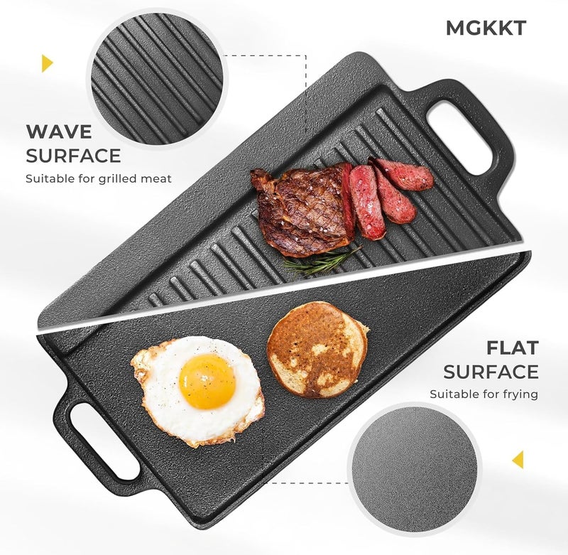 Cast Iron Reversible Griddle, 2-in-1 Cast Iron Griddle with Handles, Rectangular Grill Pan Preseasoned & Non-Stick for Gas Stovetop, Oven and Open Fire, 20” x 9” - Image 4