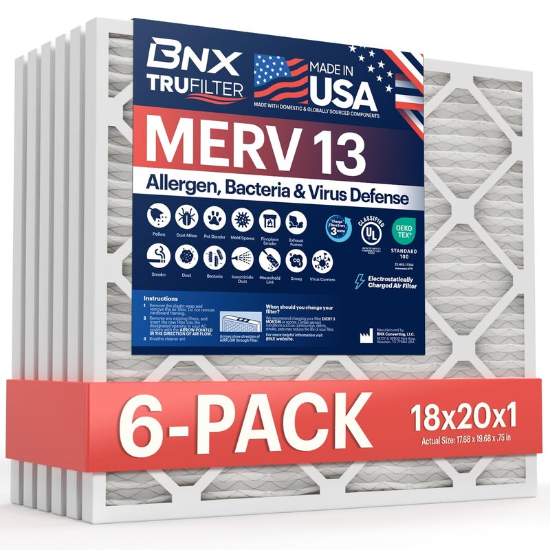 BNX TruFilter 18x20x1 Air Filter MERV 13 6Pack MADE IN USA Electrostatic Pleated Air Conditioner HVAC AC Furnace Filters for Allergies Pollen Mold Bacteria Smoke Allergen MPR 1900 FPR 10