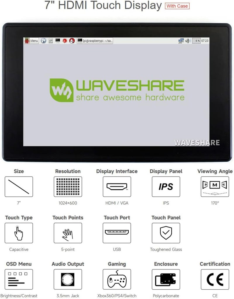 Waveshare 7-Inch HDMI LCD (H) Monitor with Capacitive Touch Screen and Toughened Glass Cover - Image 3