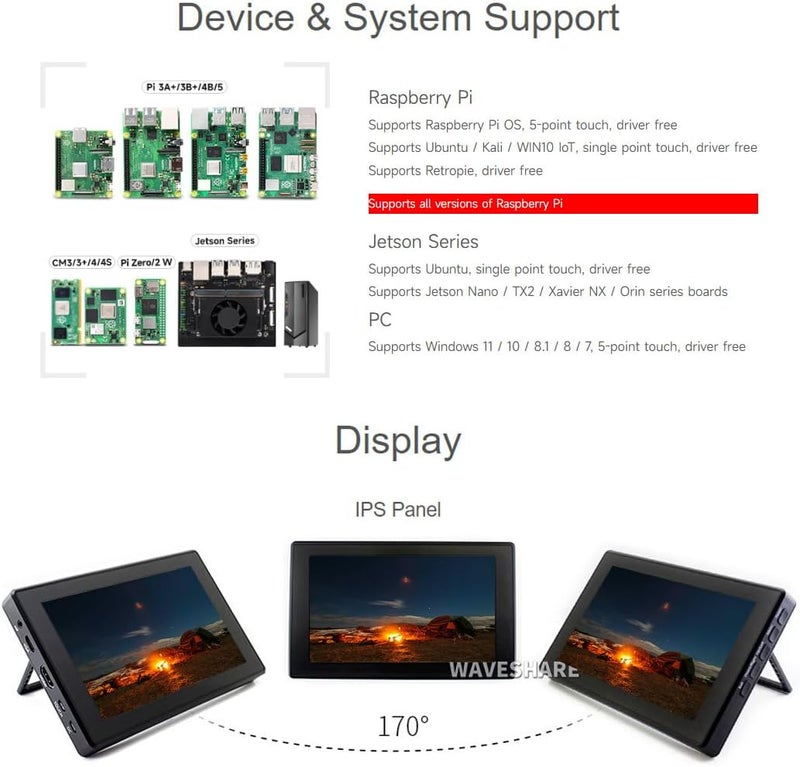 Waveshare 7-Inch HDMI LCD (H) Monitor with Capacitive Touch Screen and Toughened Glass Cover - Image 4