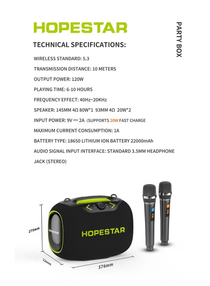 HOPESTAR Party Box 120W Portable Bluetooth Speaker with Dual Wireless Microphones, 20W Fast Charging, IPX6 Waterproof, 10-Hour Playtime, RGB Lights – Ideal for Outdoor, Karaoke, - Image 4