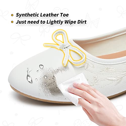BABUDOG Womens Flats Shoes with Pomegranate Embroidery,White Flats with Bow,Comfortable Round-Toe Flats Shoes,Black Dress Shoes for Women(Soft Memory Foam Insole)(White.US9) - Image 3
