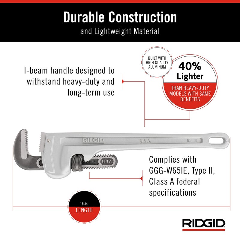RIDGID 31100 Model 818 Aluminum Straight Pipe Wrench, 18-inch Plumbing Wrench - Image 4