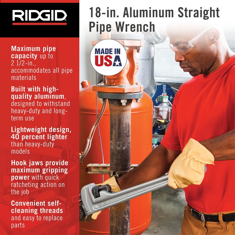 RIDGID 31100 Model 818 Aluminum Straight Pipe Wrench, 18-inch Plumbing Wrench - Image 2