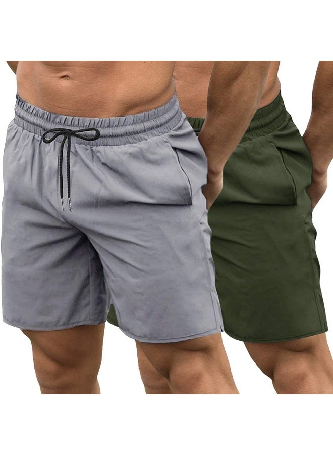 COOFANDY COOFANDY Men's 2 Pack Gym Workout Shorts Quick Dry Bodybuilding Weightlifting Pants Training Running Jogger with Pockets, Grey/Olive Green, X-Large - Image 2