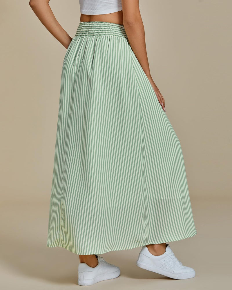luvamia Striped Skirts for Women Maxi Long Flowy Trendy Smocked Elastic Waist Summer Beach Vacation Skirt with Pockets Green High Waisted Beachy Elastic Waisted Size Large Size 12 14 - Image 4