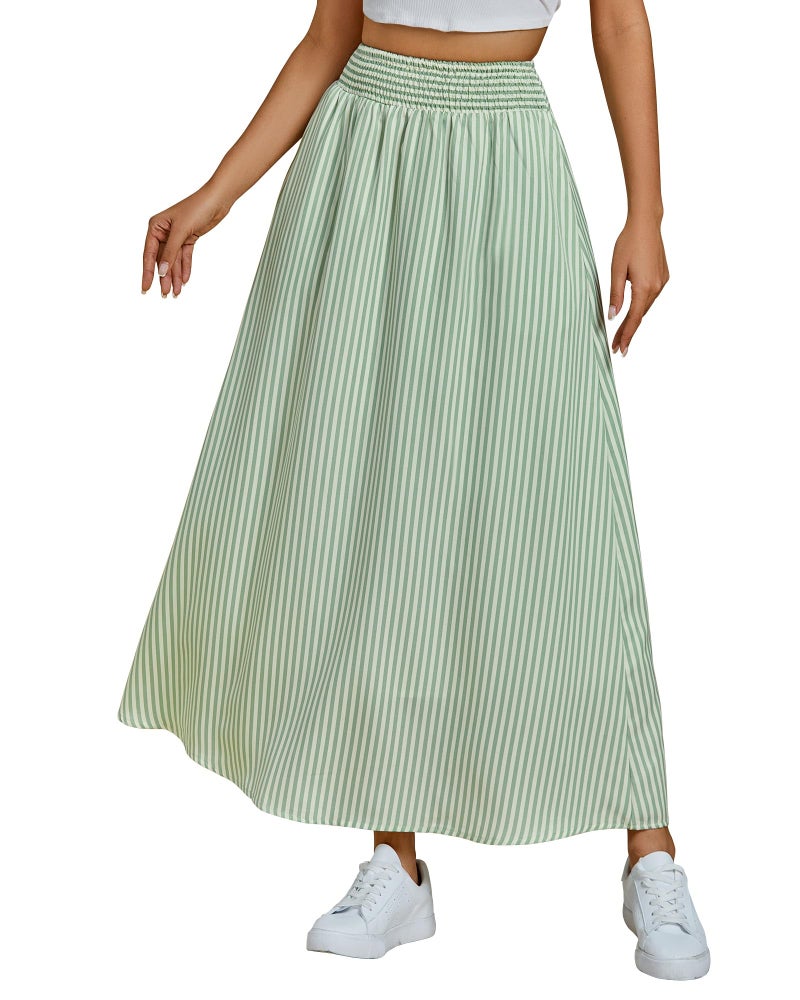 luvamia Striped Skirts for Women Maxi Long Flowy Trendy Smocked Elastic Waist Summer Beach Vacation Skirt with Pockets Green High Waisted Beachy Elastic Waisted Size Large Size 12 14 - Image 1