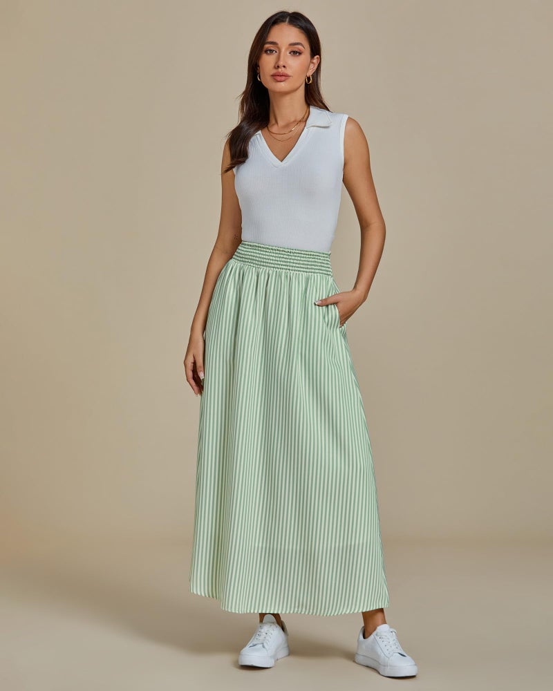 luvamia Striped Skirts for Women Maxi Long Flowy Trendy Smocked Elastic Waist Summer Beach Vacation Skirt with Pockets Green High Waisted Beachy Elastic Waisted Size Large Size 12 14 - Image 3