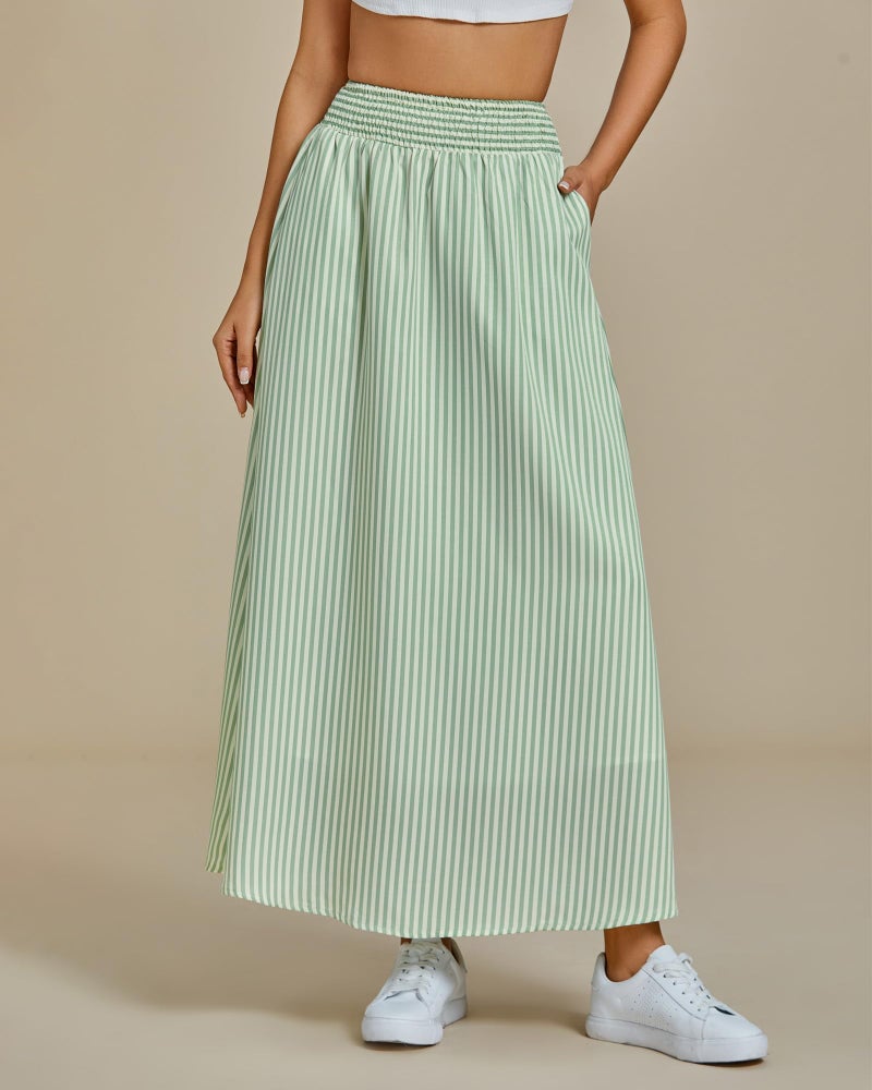 luvamia Striped Skirts for Women Maxi Long Flowy Trendy Smocked Elastic Waist Summer Beach Vacation Skirt with Pockets Green High Waisted Beachy Elastic Waisted Size Large Size 12 14 - Image 2