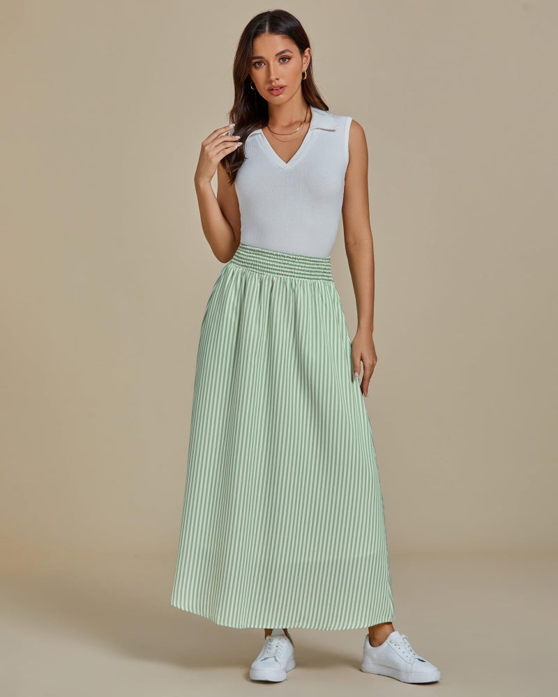 luvamia Striped Skirts for Women Maxi Long Flowy Trendy Smocked Elastic Waist Summer Beach Vacation Skirt with Pockets Green High Waisted Beachy Elastic Waisted Size Large Size 12 14 - Image 5