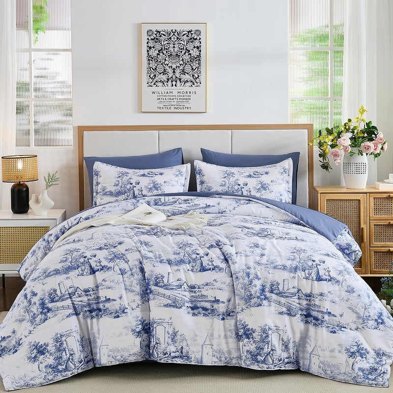 WONGS BEDDING طقم لحاف أزرق من وونغز بيدينغ، مقاس كينج، 7 قطع، طقم سرير متكامل، لحاف ريفي مع ملاءات، طقم سرير فرنسي بنقشة تويل، طقم سرير كامل من الألياف الدقيقة الناعمة والخفيفة الوزن بنقشة نباتية، مناسب لجميع الفصول - Image 1