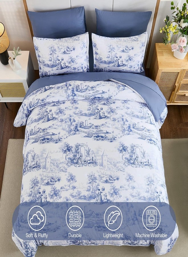 WONGS BEDDING طقم لحاف أزرق من وونغز بيدينغ، مقاس كينج، 7 قطع، طقم سرير متكامل، لحاف ريفي مع ملاءات، طقم سرير فرنسي بنقشة تويل، طقم سرير كامل من الألياف الدقيقة الناعمة والخفيفة الوزن بنقشة نباتية، مناسب لجميع الفصول - Image 3