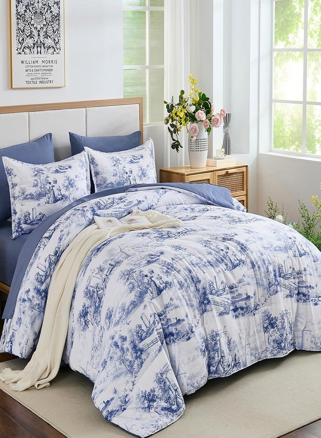 WONGS BEDDING طقم لحاف أزرق من وونغز بيدينغ، مقاس كينج، 7 قطع، طقم سرير متكامل، لحاف ريفي مع ملاءات، طقم سرير فرنسي بنقشة تويل، طقم سرير كامل من الألياف الدقيقة الناعمة والخفيفة الوزن بنقشة نباتية، مناسب لجميع الفصول - Image 2