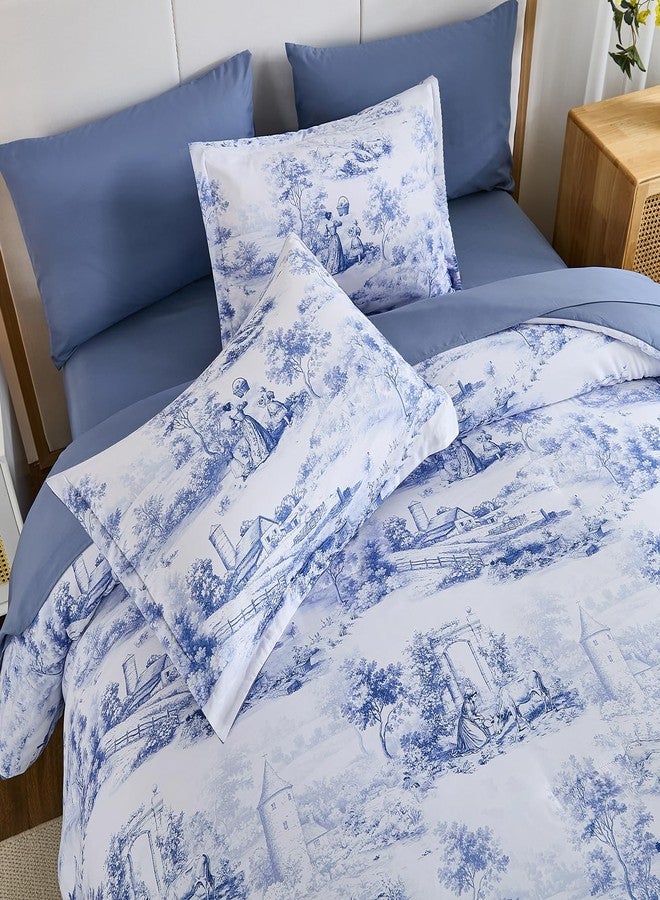WONGS BEDDING طقم لحاف أزرق من وونغز بيدينغ، مقاس كينج، 7 قطع، طقم سرير متكامل، لحاف ريفي مع ملاءات، طقم سرير فرنسي بنقشة تويل، طقم سرير كامل من الألياف الدقيقة الناعمة والخفيفة الوزن بنقشة نباتية، مناسب لجميع الفصول - Image 5