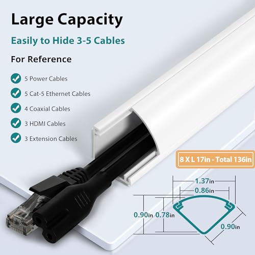 ZhiYo 136in Corner Cable Concealer, Large Corner Cord Hider, Wire Covers for Cords, Paintable Corner Cord Cover, Cable Management Channel Cable Raceway for Wall, Floor Baseboard, Ceiling -8 X L17in - Image 2