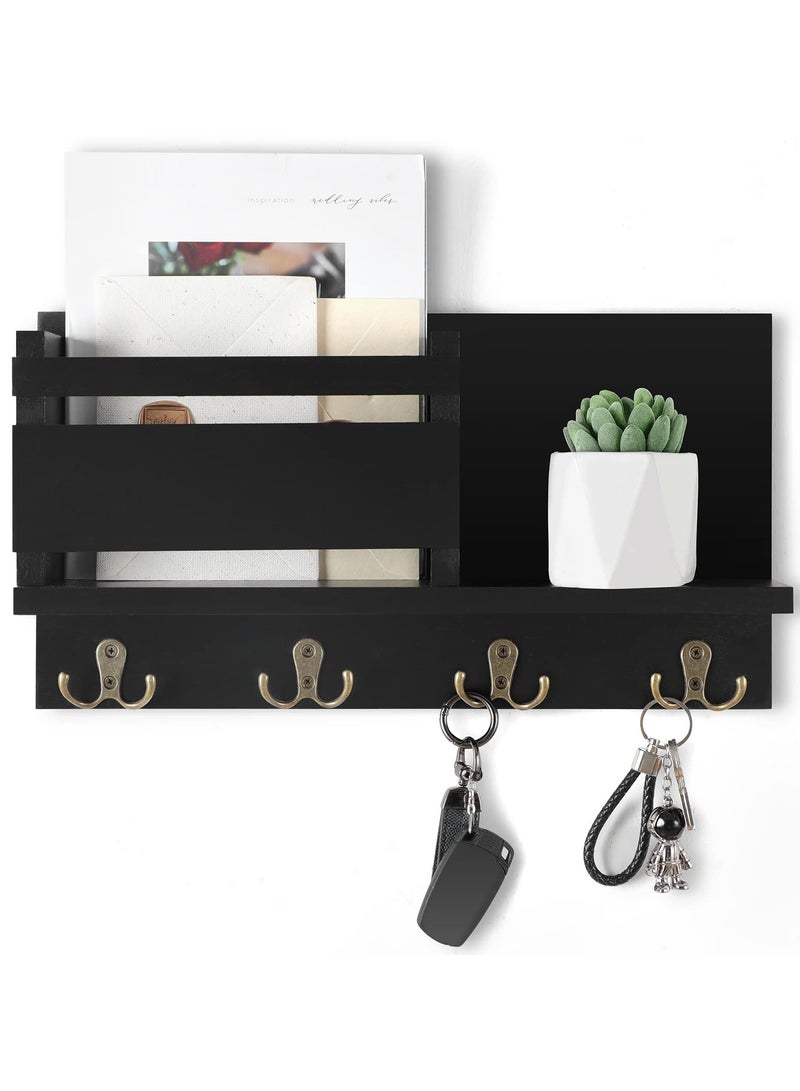 XiuWoo Floating Shelves,Key and Mail Holder for Wall Decorative,Rustic Mail Organizer Wall Mount, Wooden Letter Sorter Organizer with 4 Key Rack Hooks for Hallway Kitchen Farmhouse Decor  - Image 1