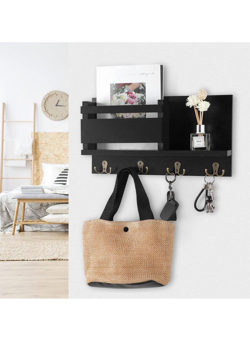 XiuWoo Floating Shelves,Key and Mail Holder for Wall Decorative,Rustic Mail Organizer Wall Mount, Wooden Letter Sorter Organizer with 4 Key Rack Hooks for Hallway Kitchen Farmhouse Decor  - Image 2