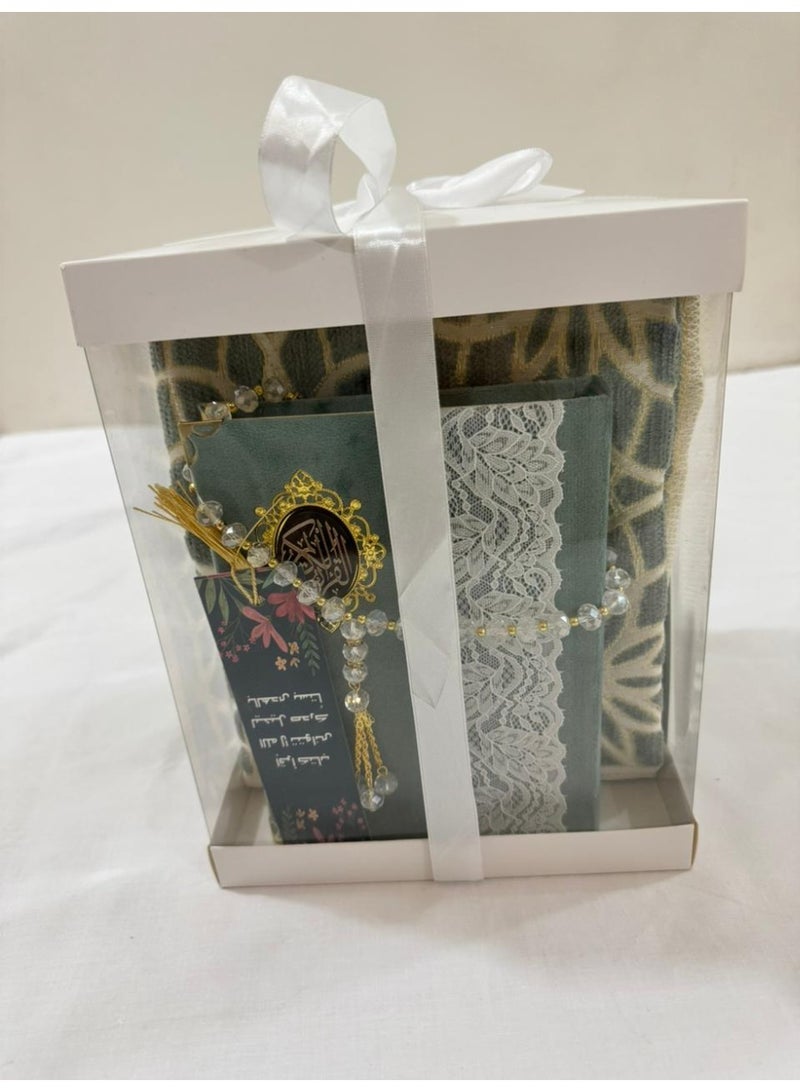 Brides Prayer set consisting of a Quran, prayer mat, prayer beads, and Quran bookmark - Image 1