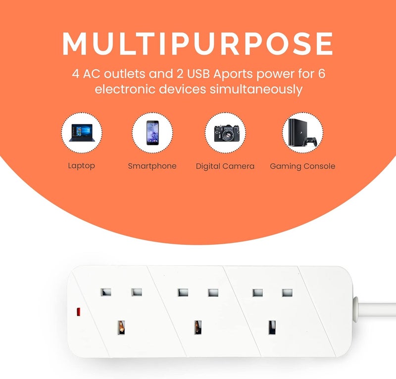 ELONSEY 10m Universal Power Extension Cord with 4 Power Plugs 4 Power Strip Outlets, 4 Way Power Strip, Extension Lead 10 meters - White (10M 4S) - Image 3
