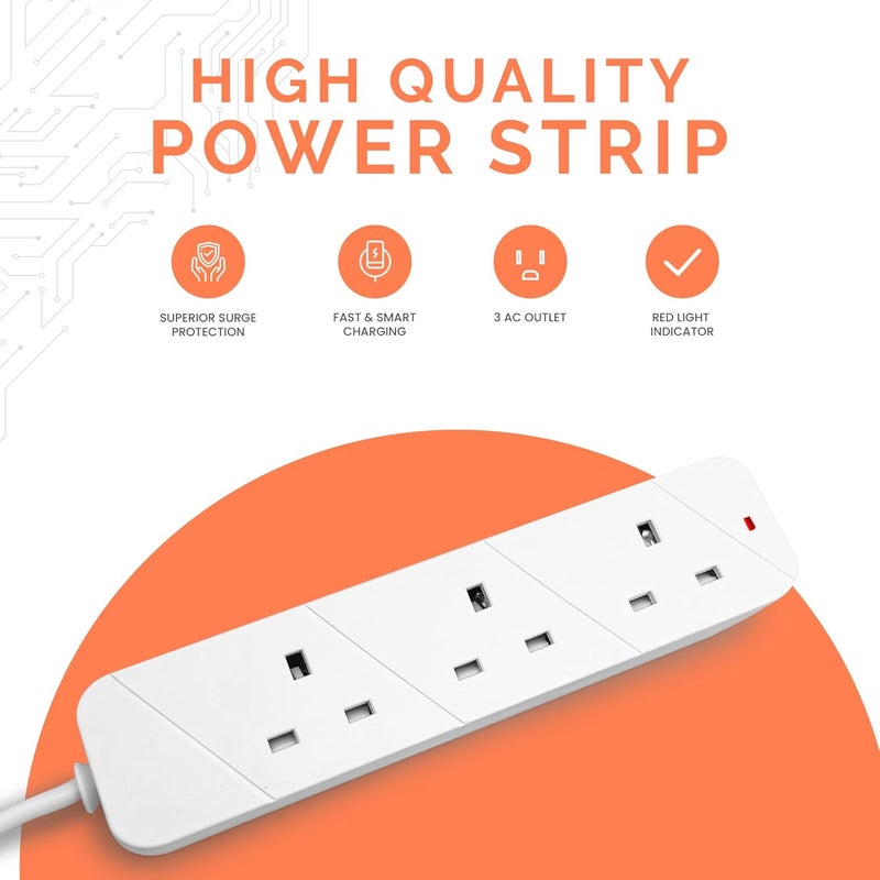 ELONSEY 10m Universal Power Extension Cord with 4 Power Plugs 4 Power Strip Outlets, 4 Way Power Strip, Extension Lead 10 meters - White (10M 4S) - Image 1