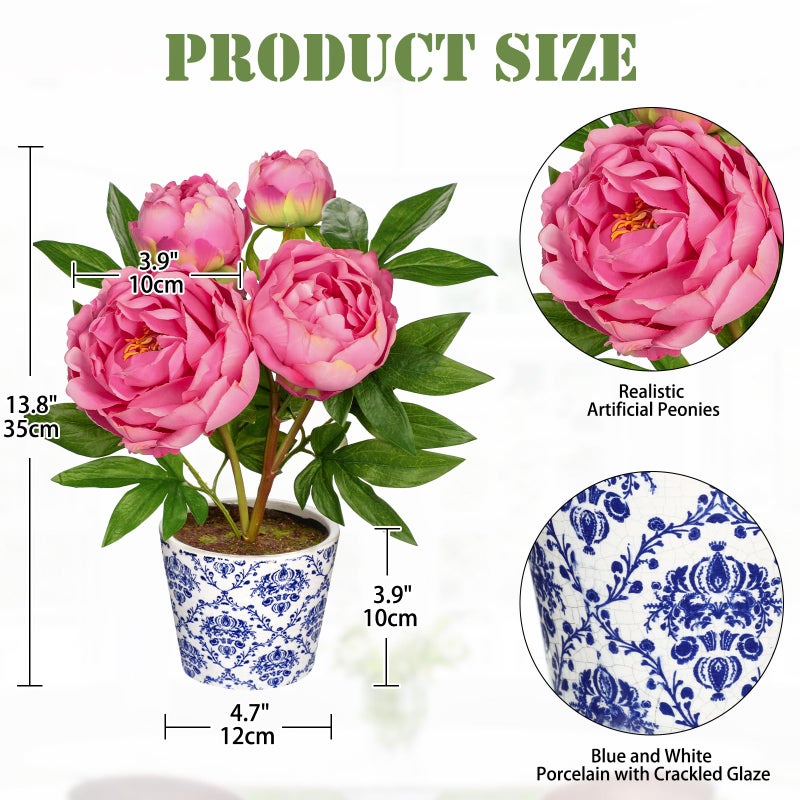 Briful Faux Peony Flowers in Blue and White Ceramic Pot â€“ 13.8" Realistic Silk Peonies Artificial Peony Floral Arrangement Fake Potted Peony Flowers for Home Office Room Desk Shelf Decoration(Pink) - Image 2