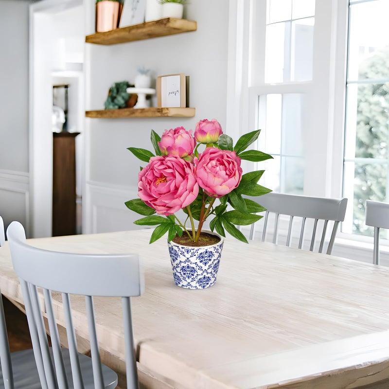 Briful Faux Peony Flowers in Blue and White Ceramic Pot â€“ 13.8" Realistic Silk Peonies Artificial Peony Floral Arrangement Fake Potted Peony Flowers for Home Office Room Desk Shelf Decoration(Pink) - Image 5