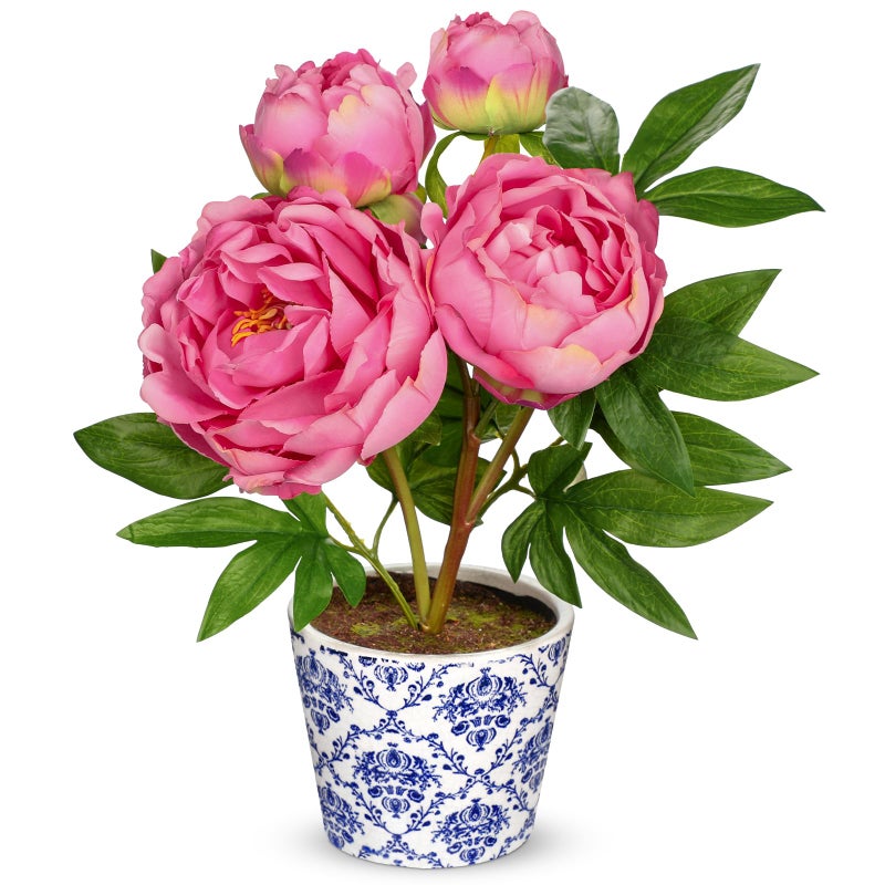 Briful Faux Peony Flowers in Blue and White Ceramic Pot â€“ 13.8" Realistic Silk Peonies Artificial Peony Floral Arrangement Fake Potted Peony Flowers for Home Office Room Desk Shelf Decoration(Pink) - Image 1