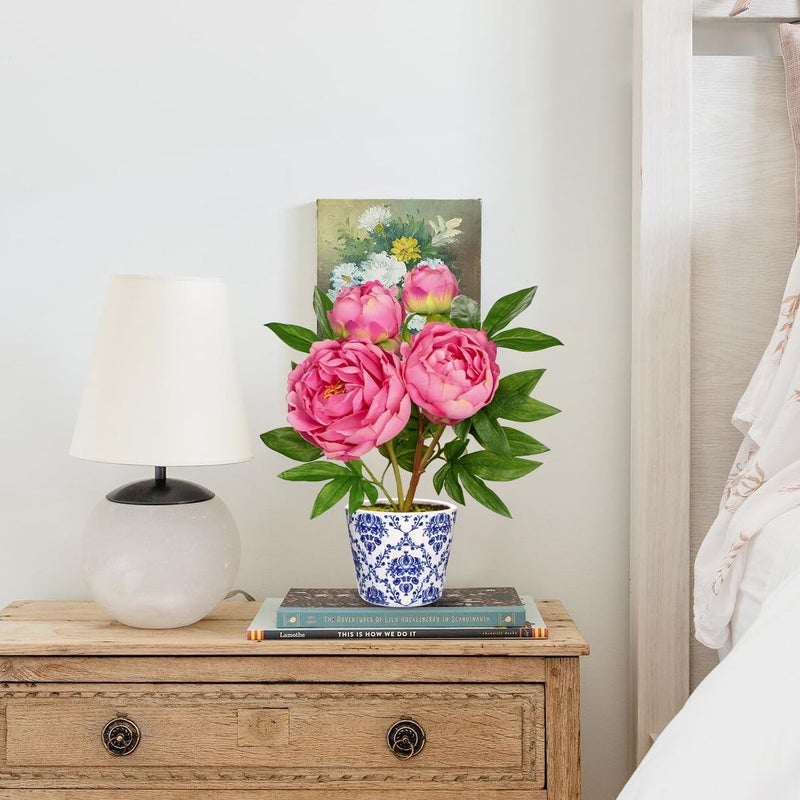 Briful Faux Peony Flowers in Blue and White Ceramic Pot â€“ 13.8" Realistic Silk Peonies Artificial Peony Floral Arrangement Fake Potted Peony Flowers for Home Office Room Desk Shelf Decoration(Pink) - Image 3