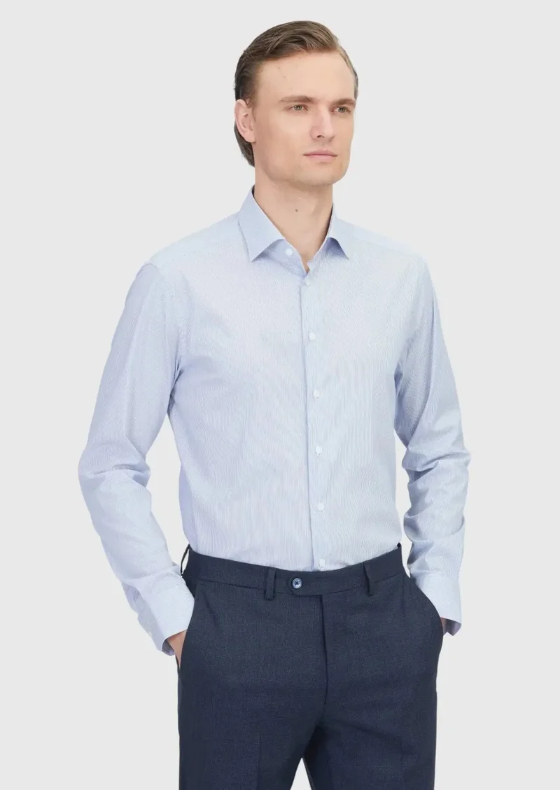 رامسي قميص قطني كلاسيكي مخطط باللون الأزرق الداكن، بقصة عادية