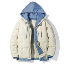 Autumn Winter 2023 New Down Cotton Coat Two-Piece Illusion Hooded Cotton Padded Jacket Trendy Mens Youth Loose Fit Casual Style Brown - Image 2