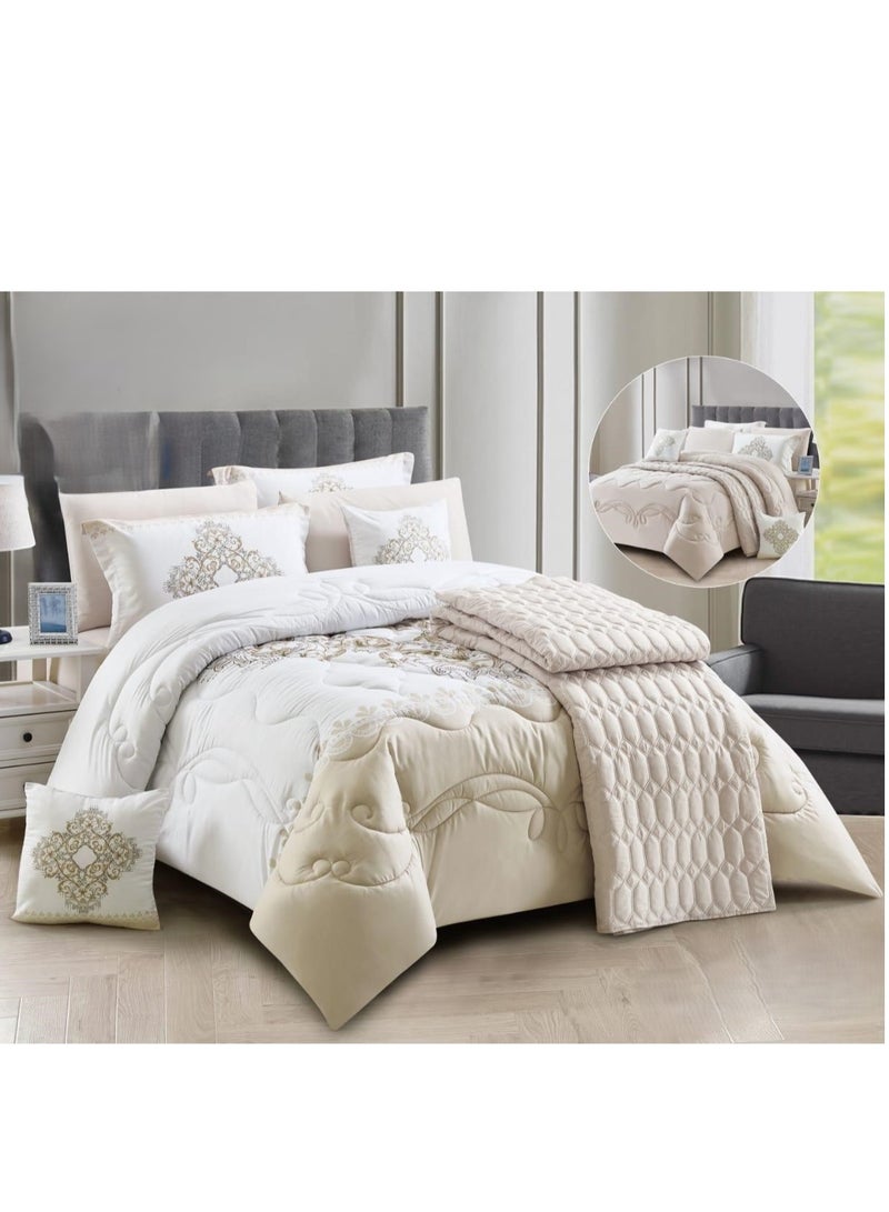 AKD Double bed set with an exclusive and attractive embroidered pattern, made of luxurious microfiber. Includes:  1 Quilt 240*260cm 1 Fitted Sheet 200*200*30cm 2 Decorative Pillowcases 75*50*5cm 2 Pillowcases 75*50cm - Image 1