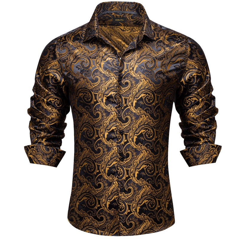 DiBanGu Mens Silk Paisley Dress ShirtsLong Sleeve Button Down Shirt Casual Regular Fit Shirt for Men Wedding Party Black and Gold XLarge