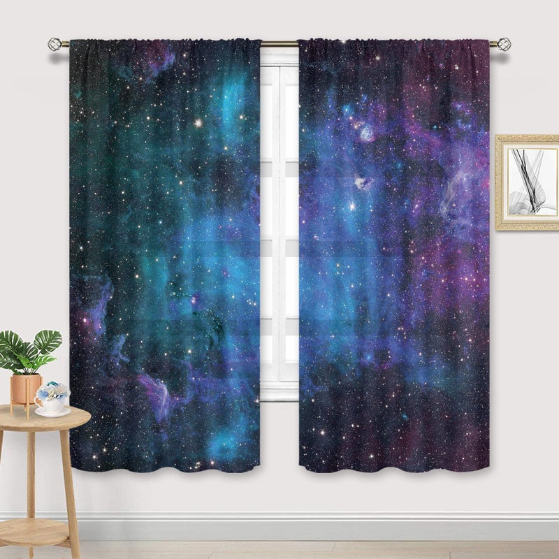 Cinbloo Kids Outer Space Sheer Galaxy Curtains Rod Pocket 41(W) x 62(L) Inch Universe Blue Planet Nebula Fantasy Starry Sky Star Boys Bedroom Decor Living Room Thin Window Drapes Fabric 2 Panels - Image 1