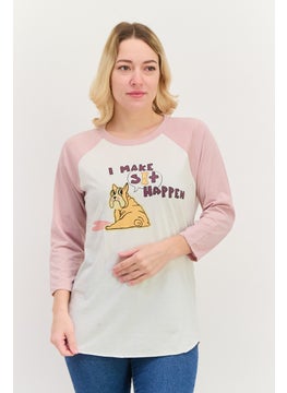 Women Crew Neck Long Sleeves Graphic Print T-Shirt, Pink