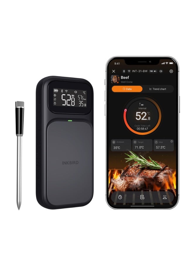 INKBIRD مقياس حرارة لاسلكي للشواء INT-31-BW، اتصال مزدوج واي فاي وبلوتوث، مجسات حرارة متعددة للحوم، دقة معتمدة من NIST، إنذار ارتفاع وانخفاض درجة الحرارة مع مقدر وقت الطهي