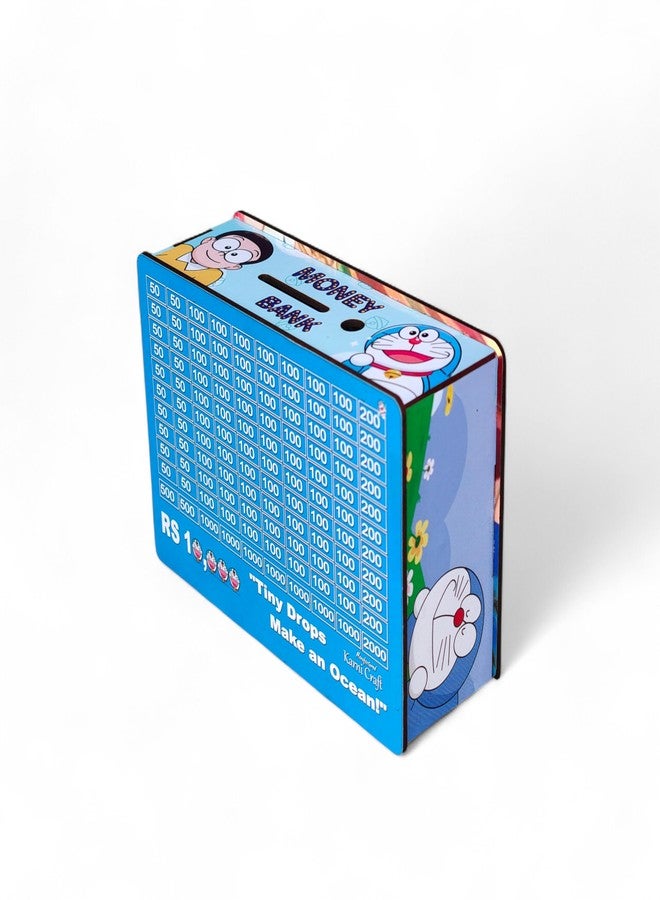 Karni Craft- Wooden Money Bank for Kids & Adults | Doraemon 10000 Savings Challenge Piggy Bank | Interactive Gullak with Number Tick Grid | Money Saving Box for Gift - Image 3