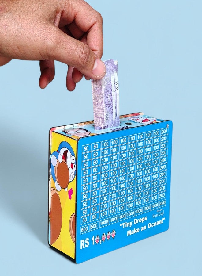 Karni Craft- Wooden Money Bank for Kids & Adults | Doraemon 10000 Savings Challenge Piggy Bank | Interactive Gullak with Number Tick Grid | Money Saving Box for Gift - Image 1