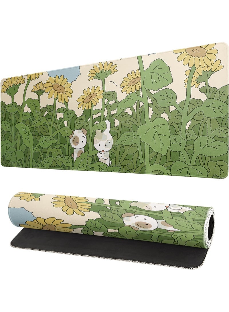 Large Gaming Mouse Pad, Anime Green Desk Mat, Big Sunflower Large Mousepad, Extended Non Slip Rubber Base Waterproof Keyboard Mat, with Stitched Edges, for Gaming and Office, 31.5x11.8 Inch - Image 1